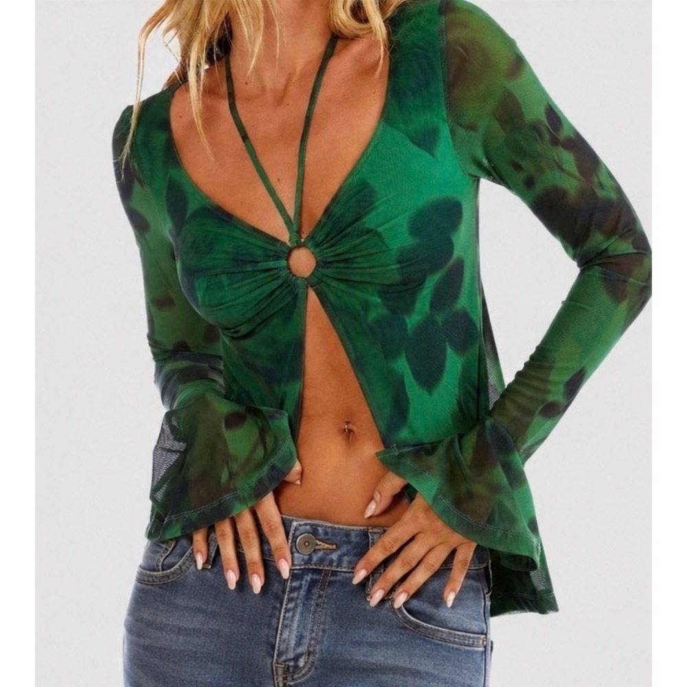 JGR & STN Thorne Long Sleeve Top XXL Flyaway Green Y2K Sheer‎ Mesh Indie Grunge